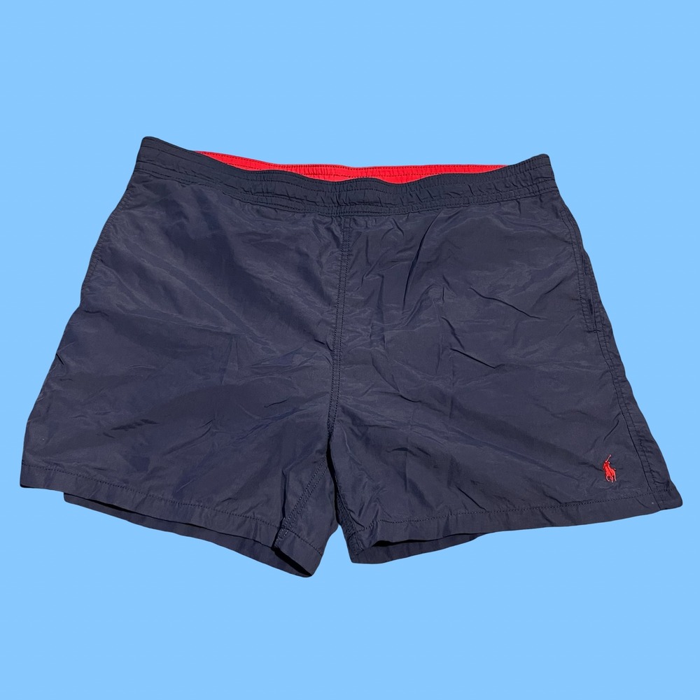 Vtg Polo Ralph Lauren Mens Navy Blue Swim Trunks Red Pony Logo Mesh Lined Large